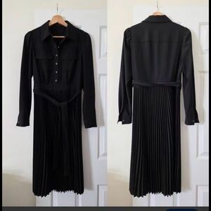 Elie Tahari Black Long-Sleeve Pleated Midi Shirt Dress